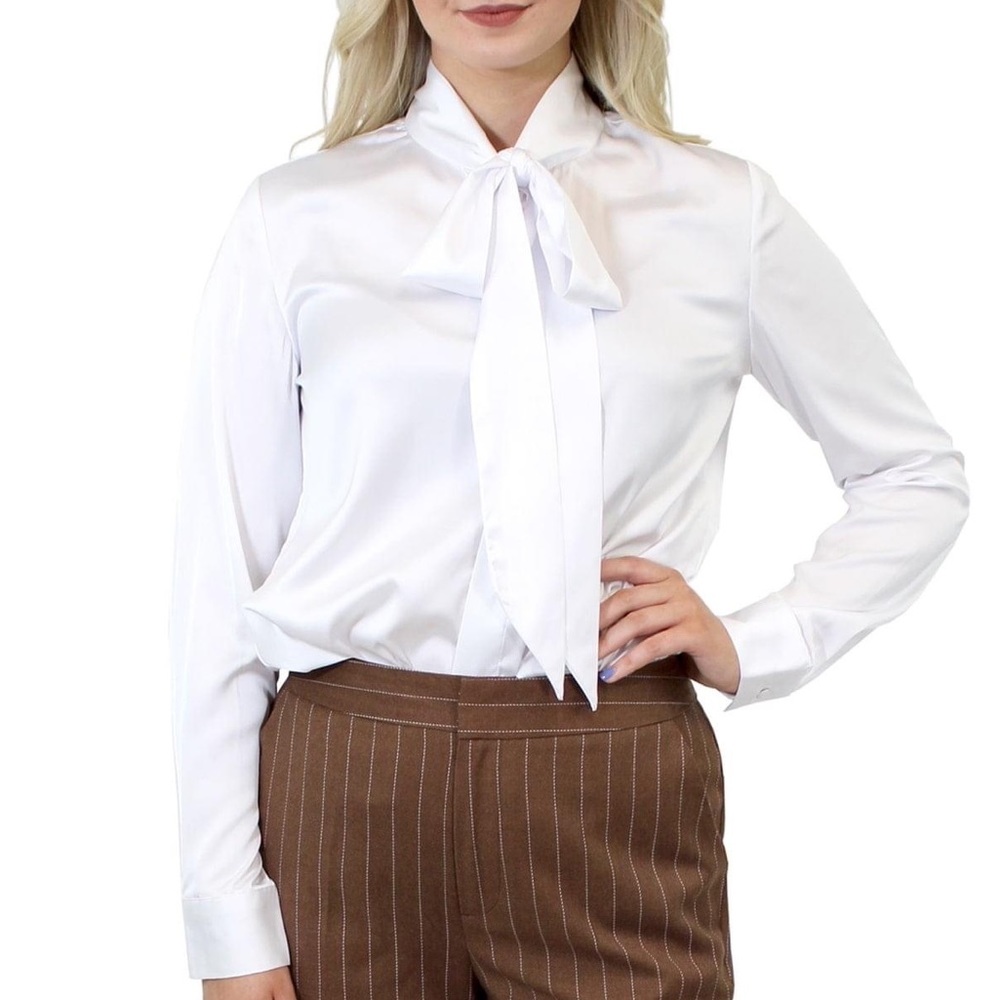 New Marc Defang White Long Sleeve Bow Detail Sateen Blouse Shirt / Top - S